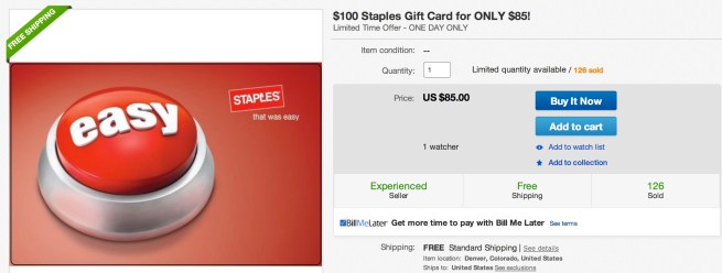 $100 Staples Gift Card for ONLY $85! + Free Shipping!