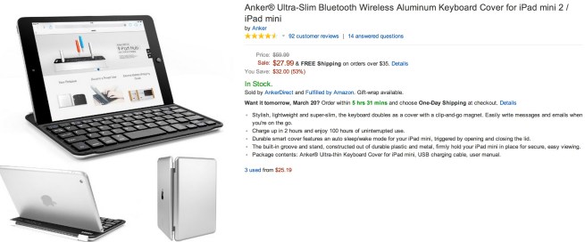 Anker® Ultra-Slim Bluetooth Wireless Aluminum Keyboard Cover for iPad mini 2