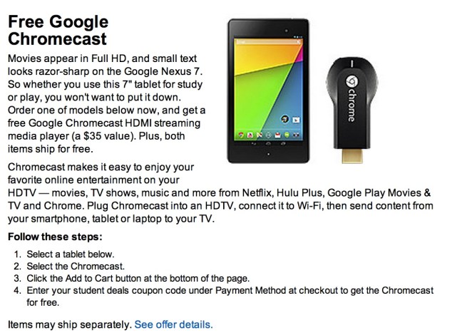 Free Google Chromecast when you purchase a Nexus 7