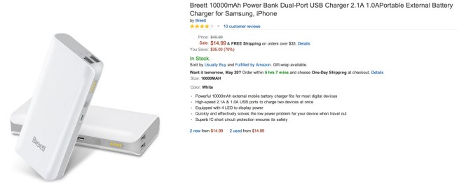 Breett 10000mAh Power Bank Dual-Port USB Charger 2.1A 1.0APortable External Battery Charger for Samsung