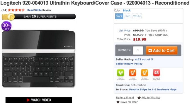 Logitech 920-004013 Ultrathin Keyboard:Cover Case - 920004013 - Reconditioned