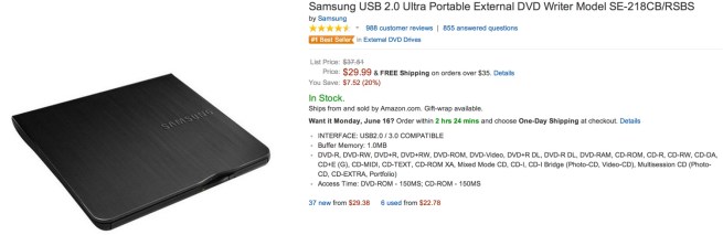 Samsung USB 2.0 Ultra Portable External DVD Writer Model SE-218CB:RSBS