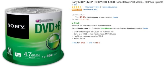 Sony 50DPR47SP 16x DVD+R 4.7GB Recordable DVD Media - 50 Pack Spindle