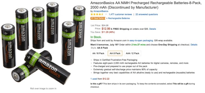 8-pack of AmazonBasics AA NiMH Precharged Rechargeable Batteries