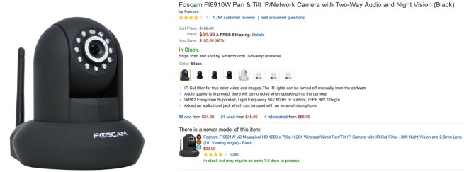 Foscam FI8910W Pan & Tilt IP:Network Camera with Two-Way Audio and Night Vision (Black)