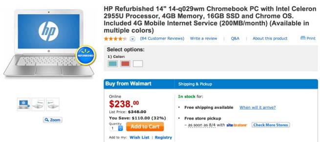 HP Refurbished 14%22 14-q029wm Chromebook PC with Intel Celeron 2955U Processor, 4GB Memory, 16GB SSD and Chrome OS. Included 4G Mobile Internet Service (200MB:month)