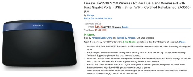 Linksys EA3500 N750 Wireless Router Dual Band Wireless-N with Fast Gigabit Ports - USB - Smart WiFi - Certified Refurbished