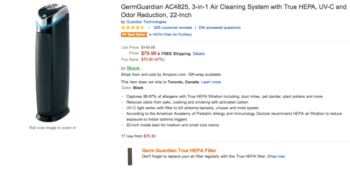 GermGuardian A3-in-1 Air Cleaning System with True HEPA, UV-C and Odor Reduction (C4825)-sale-02