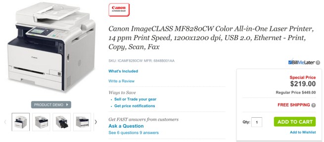 Canon ImageCLASS MF8280CW Color All-in-One Laser Printer, 14 ppm Print Speed, 1200x1200 dpi, USB 2.0, Ethernet