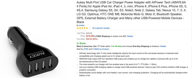 Aukey Multi Port USB Car Charger Power Adapter with AIPower Tech