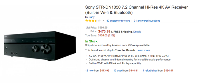Sony 7.2 Channel Hi-Res 4K AV Receiver with Built-in Wi-fi & Bluetooth (STR-DN1050-02