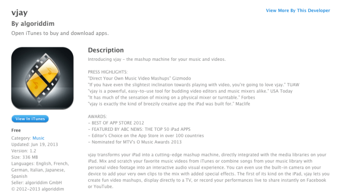 Algoriddim's audio/video mixing app Vjay: free (Reg. $10)