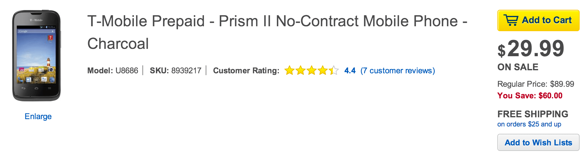Prism II NoContract Android 4.1 smartphone for TMobile 30 shipped