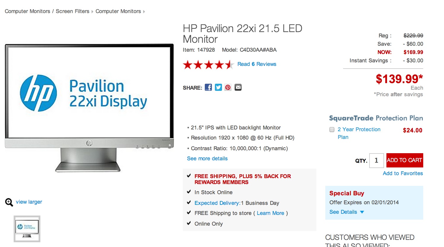 Staples 1080P Monitors 30 off 150 HP Pavilion 22" 110, Samsung 24