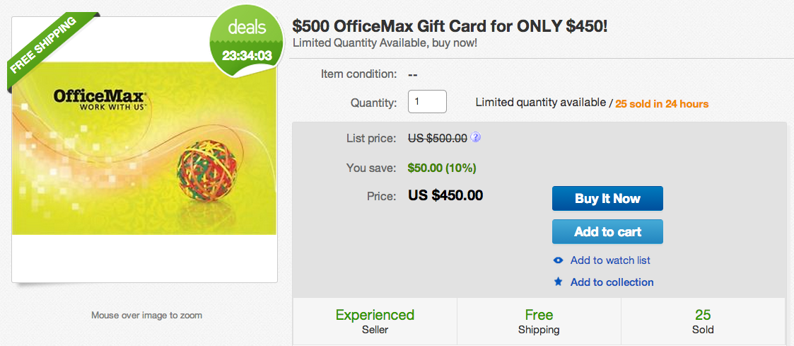 $500 OfficeMax gift card for $450 shipped (10% savings)