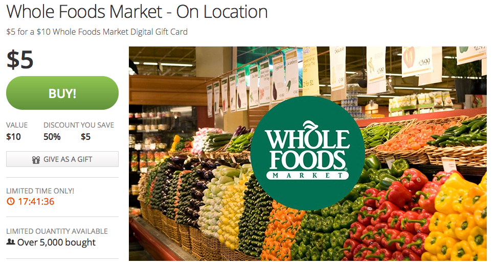 10 Whole Foods Market digital gift card for 5 (up to 50 savings)