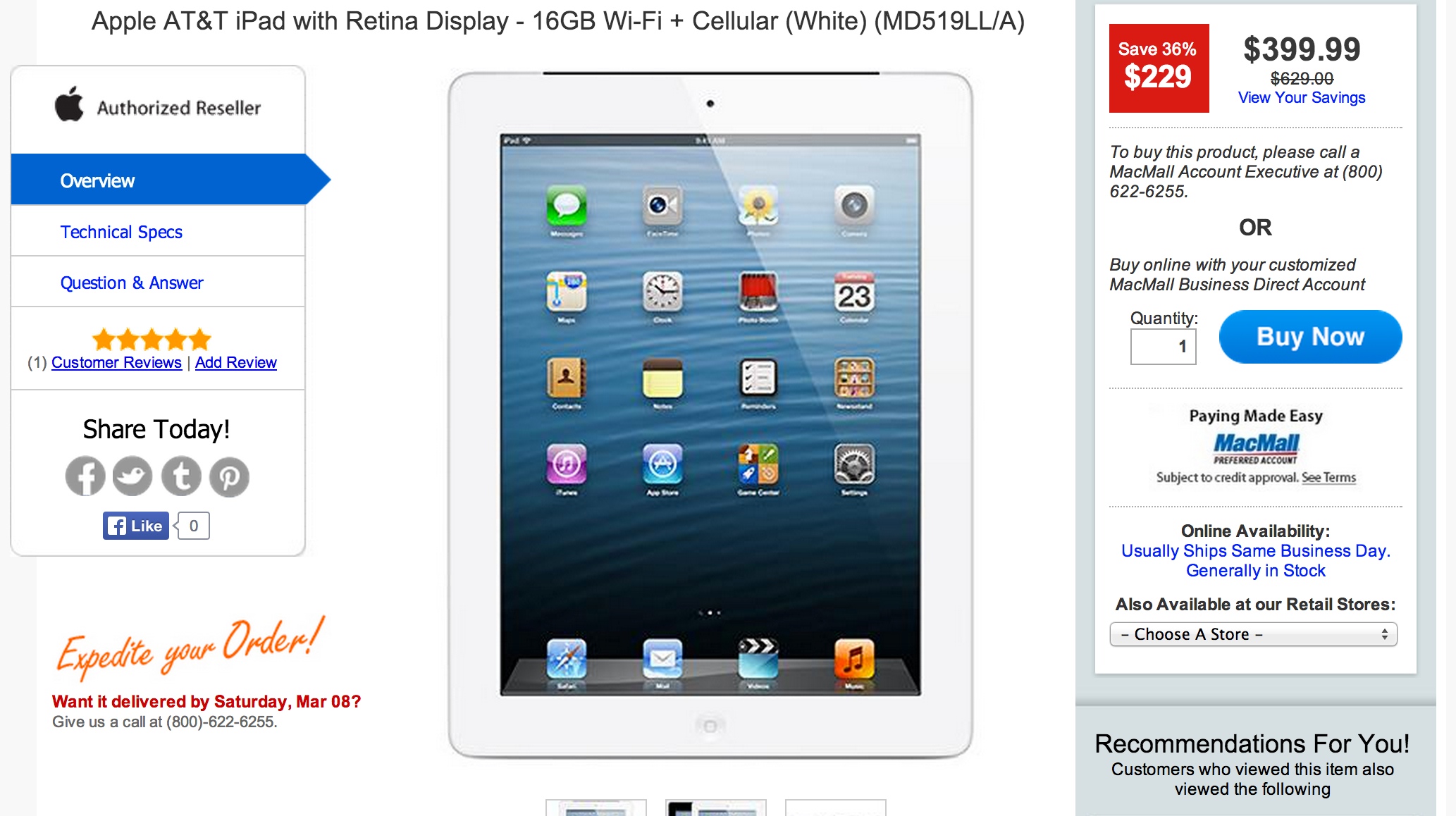 Apple AT&T iPad with Retina Display 16GB Wi-Fi + Cellular in White $400 ...