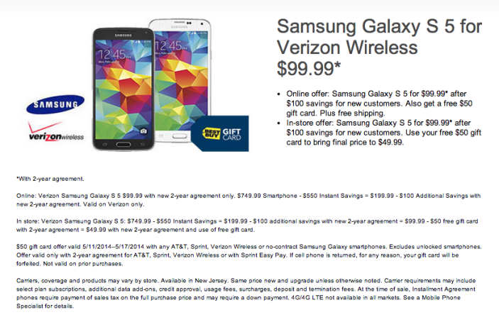 Samsung Galaxy S5 for Verizon $49.99 w/ a 2-yr contract at Best Buy ...