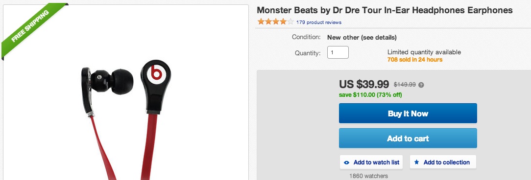 Monster Beats by Dr Dre Tour in-ear headphones: $40 shipped