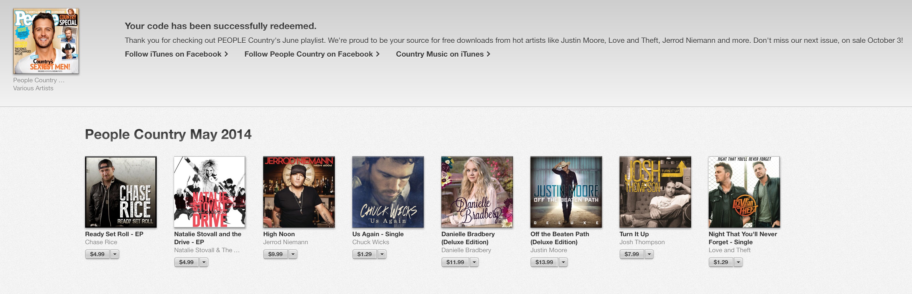 Get eight top country music songs from iTunes for free