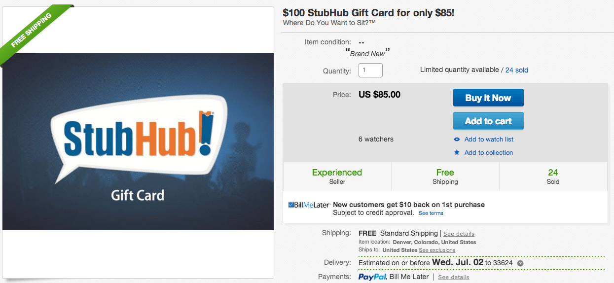 100 StubHub gift card for 85 shipped (15 savings)