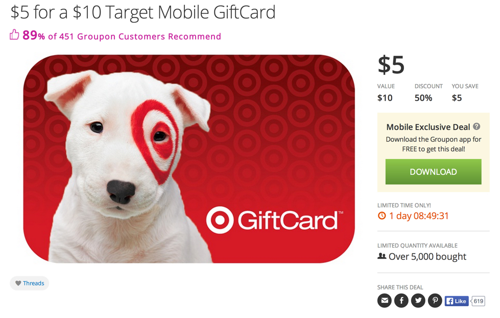 Mobile Exclusive Deal 5 for a 10 eGift card to Target from Groupon