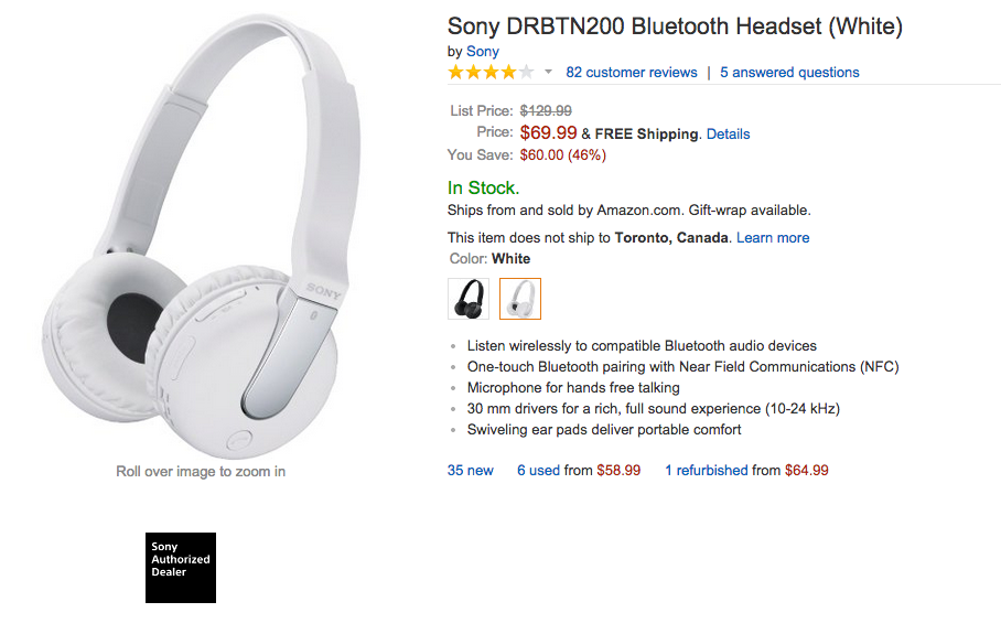 Sony DRB Bluetooth headphones (black or white) from $59 shipped (Reg. $130)