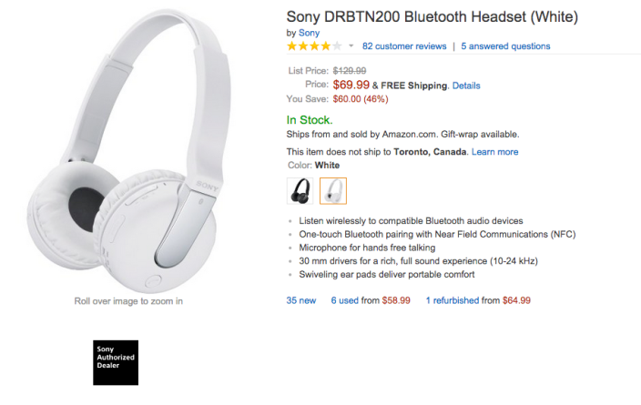 Sony DRB Bluetooth headphones (black or white) from $59 shipped (Reg. $130)