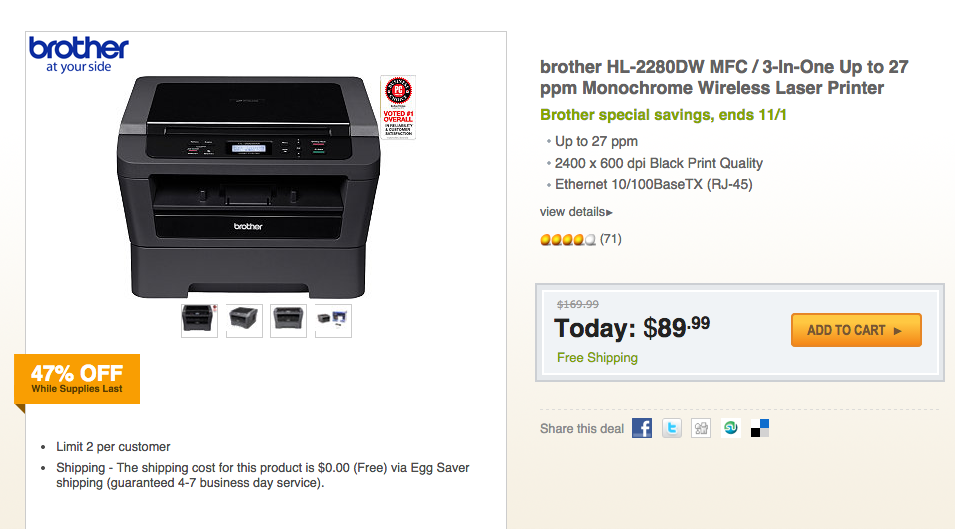2280dw Brother HL-2280DW 3-In-One Monochrome Wireless Laser Printer: $90 ...