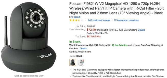 Foscam FI9821W V2 Megapixel HD 1280 x 720p H.264 Wireless:Wired Pan:Tilt IP Camera with IR-Cut Filter - 26ft Night Vision and 2.8mm Lens (70° Viewing Angle)