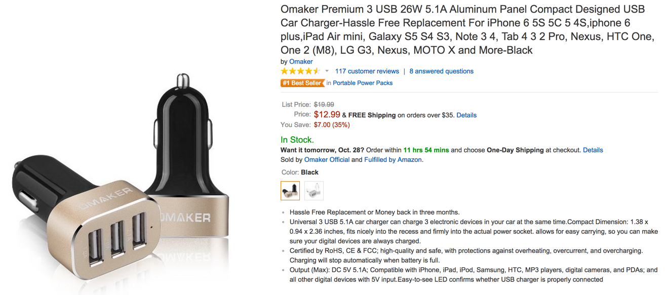 Omaker Premium 3Port USB Car Charger 9 (Reg. 13), RAVPower Element