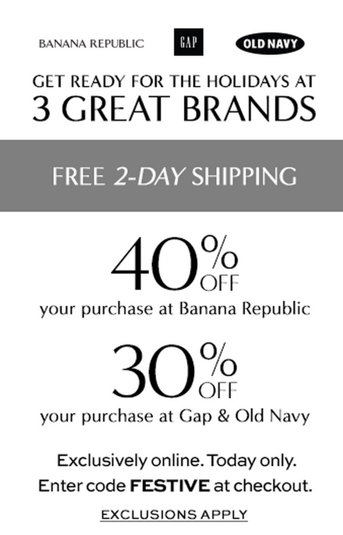 Old Navy/Gap/Banana Republic 1 day FESTIVE sale online: Up to 40 % off