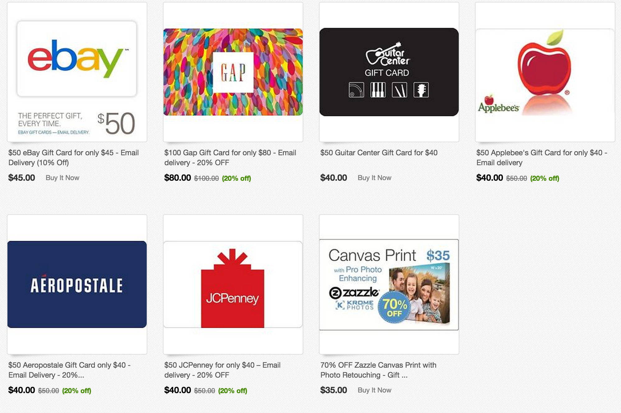 Gift cards up to 20 off Ebay, Gap, Applebees, JCPenney, Aeropostale