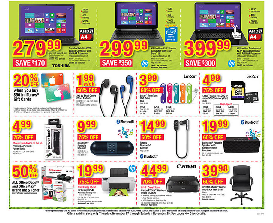OfficeMax and Office Depot Black Friday Ads: 20% off iTunes gift cards,  Beats by Dre, more