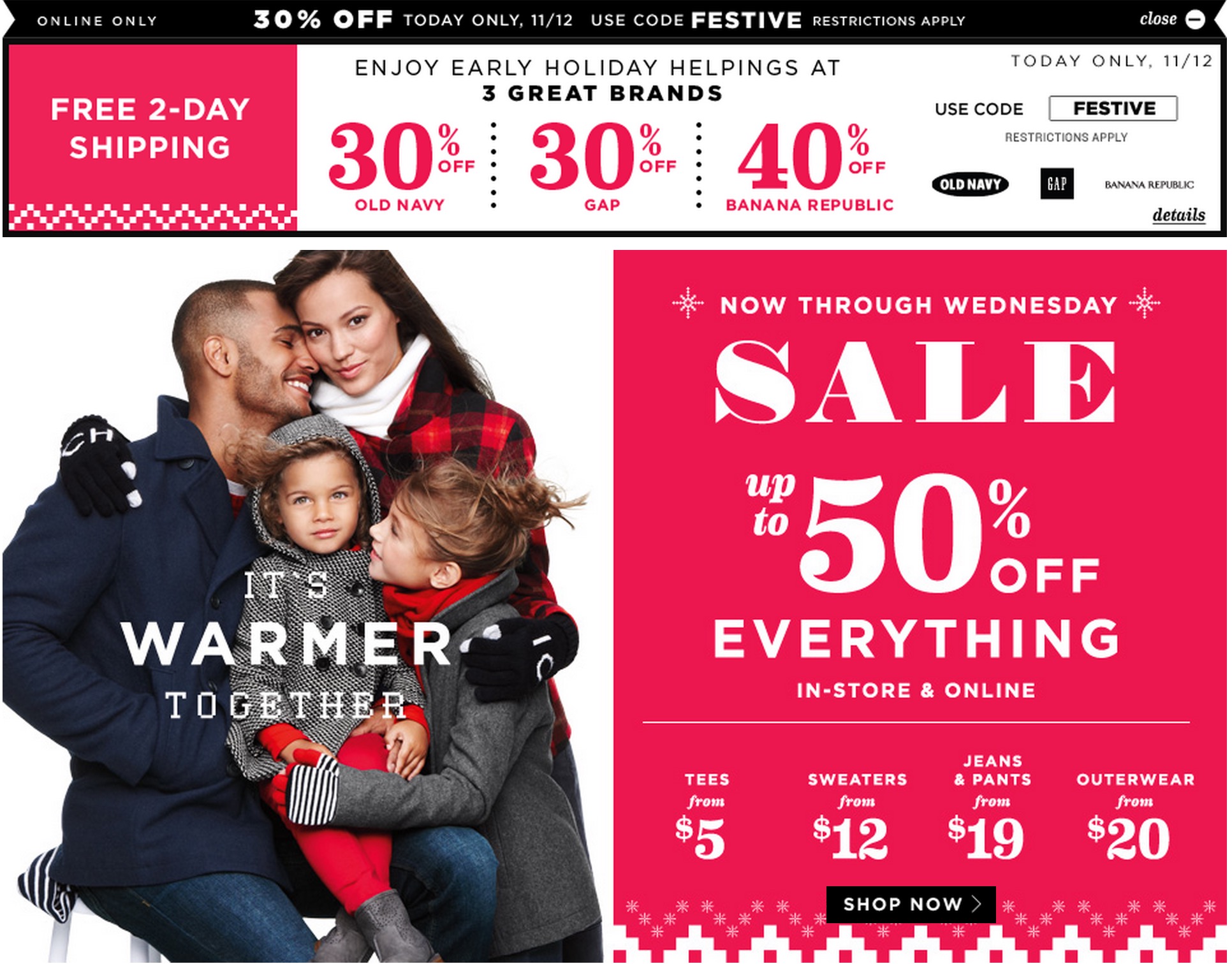 Old Navy/Gap/Banana Republic 1 day FESTIVE sale online: Up to 40 % off