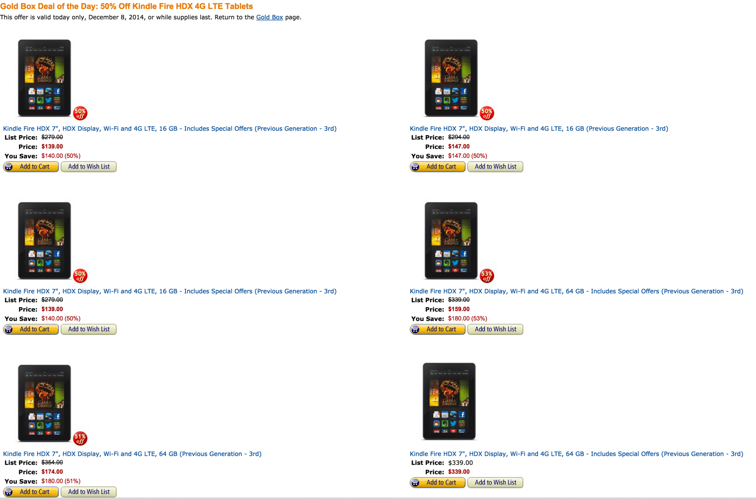 Amazon Gold Box 50 off Kindle Fire HDX 4G LTE tablets from 139