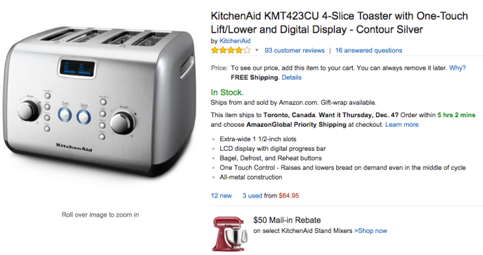 KitchenAid KMT423CU Contour Silver 4 Slice, One-touch motorized lift  control Toaster 