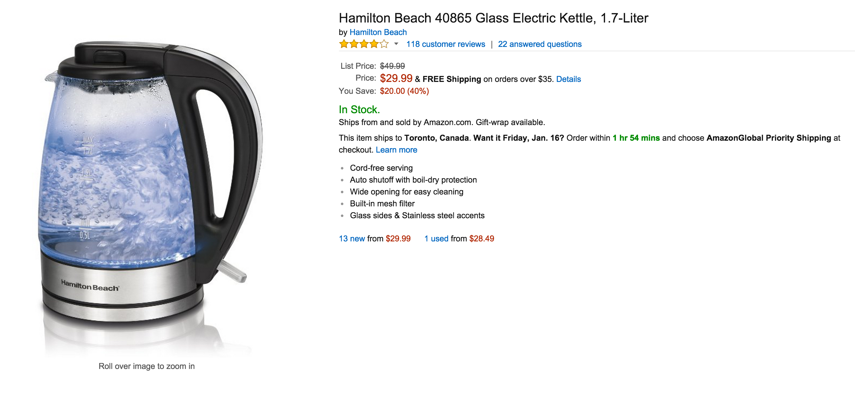 Home Hamilton Beach illuminated Glass Kettle 30 (orig. 50