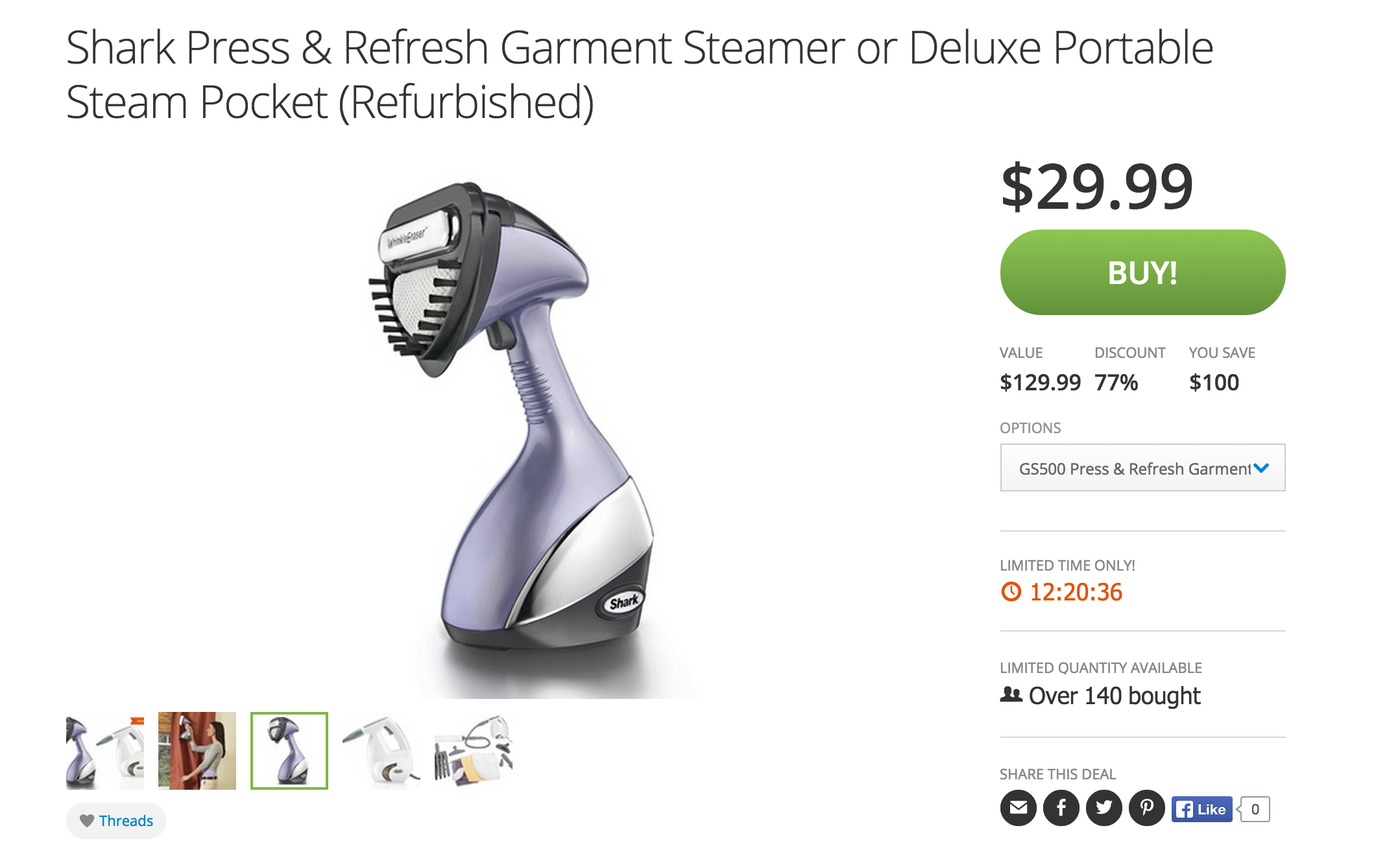 Home Shark portable garment steamer (refurb) 30 (orig. 70), PEET