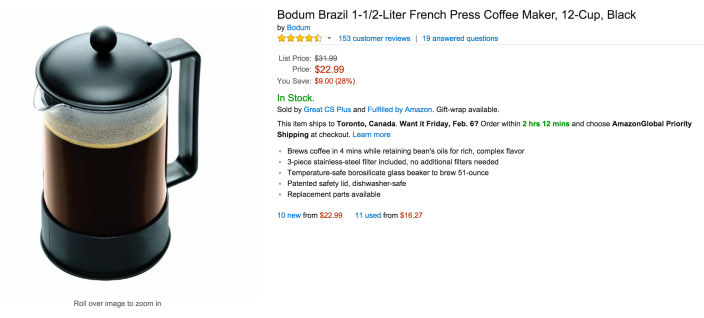 Bodum Brazil 1-1/2-Liter French Press Coffee Maker, 12-Cup, Black 