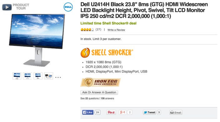 Dell U2414H Black 23.8%22 8ms newegg