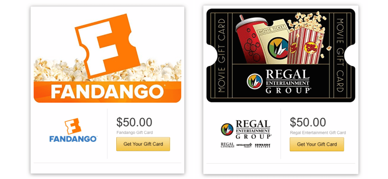 Gift Cards w/ email delivery 20% off: Fandango, Regal Theaters, AMC, Cold Stone Creamery