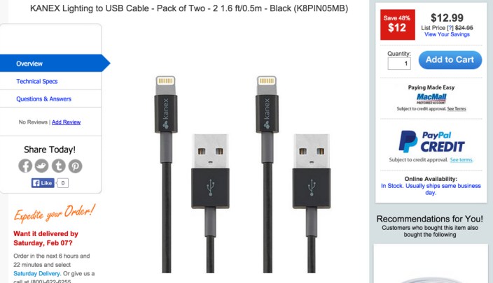 KANEX Lighting to USB  - Pack of Two - 2 1.6 ft:0.5m - Black (K8PIN05MB)