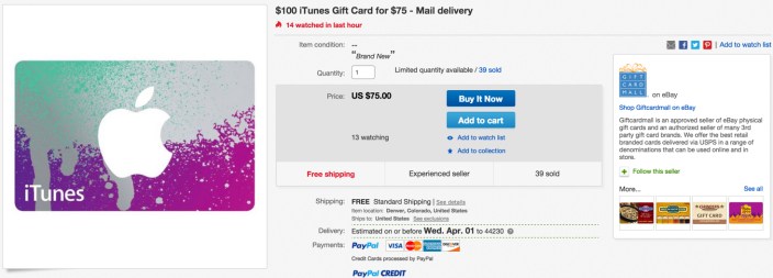 $100 iTunes Gift Card for $75 - Mail