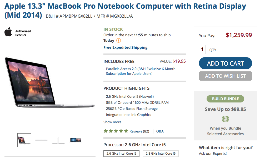 13-inch Retina MacBook Pro (Mid-2014) 2.6GHz/8GB/128GB $1,060