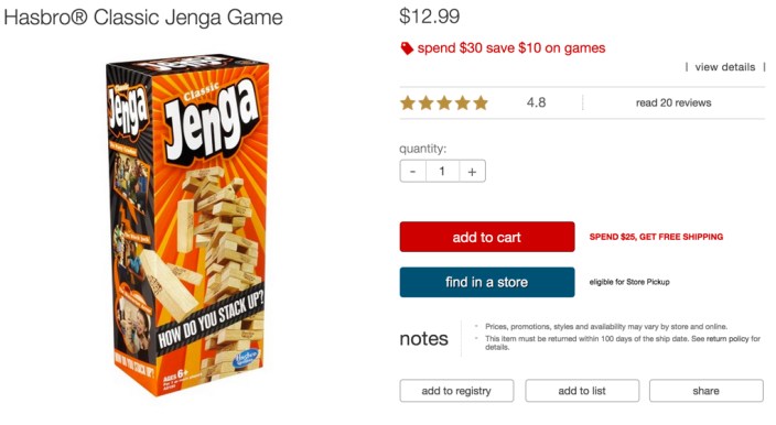 Jenga game target $10 off