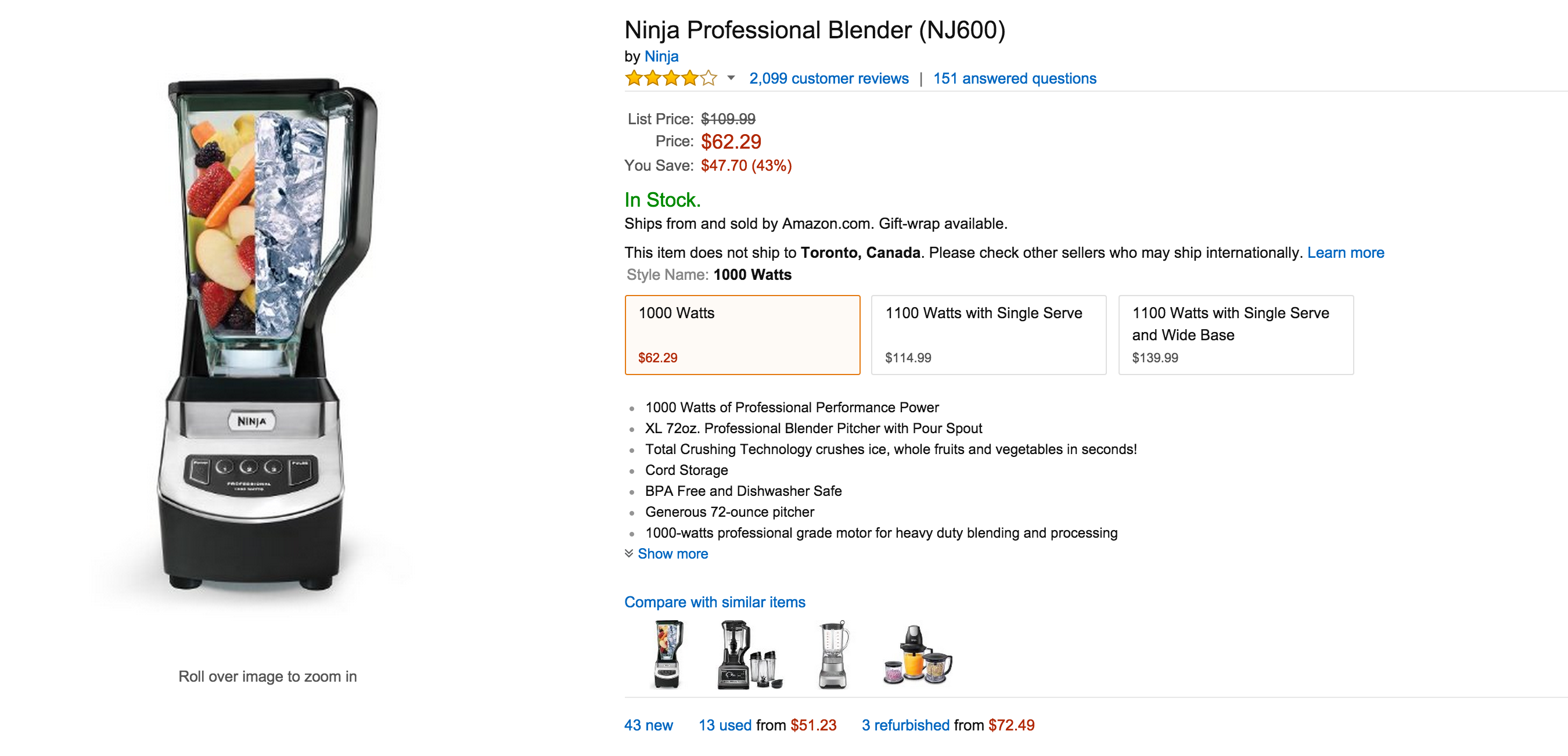 Ninja Professional Blender 1000-watts NJ600 Blender Motor Base