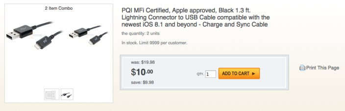 Apple-certified MFi Lightning cables: 2-Pack 1.3-ft $10, 3-ft $7, 6-ft ...