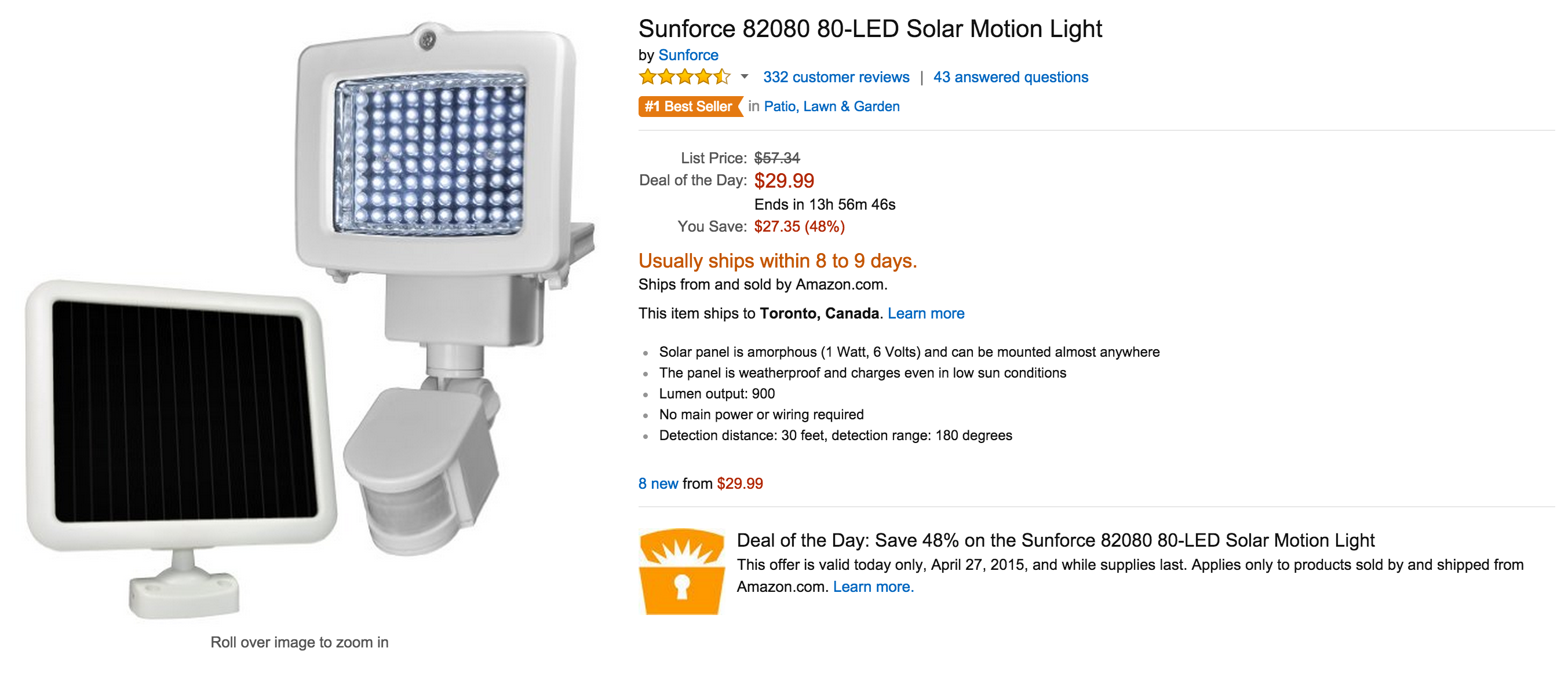 SunForce 80 LED Solar Motion Sensor Security Light 900 Lumens White 82080 for sale online