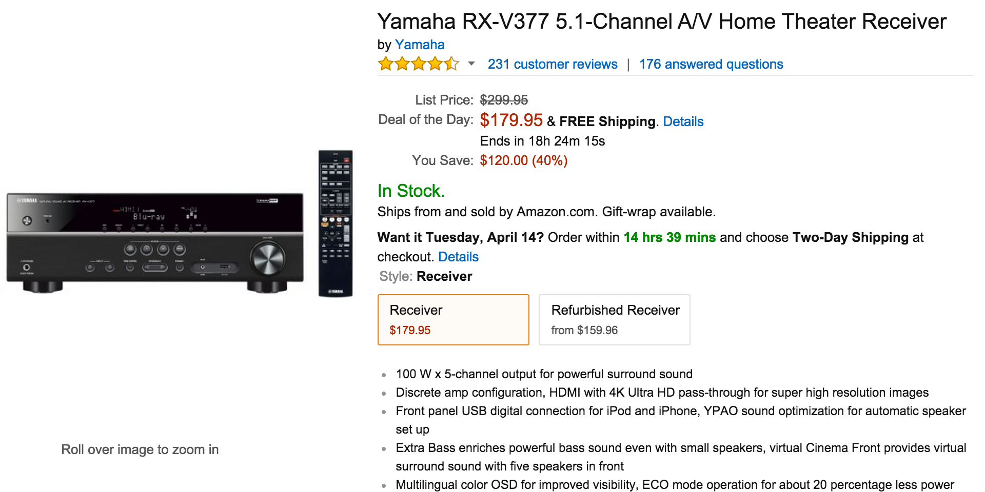 Yamaha RX-V377 5.1-Channel 4K A:V Home Theater Receiver USB